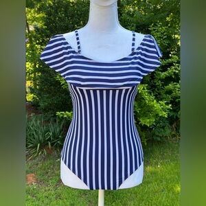 Nautical Navy and White Striped 1 Piece Swimsuit Jr S NWOT